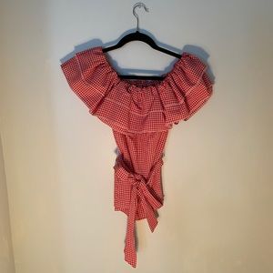 Red & White Plaid Off Shoulder Plaid Blouse